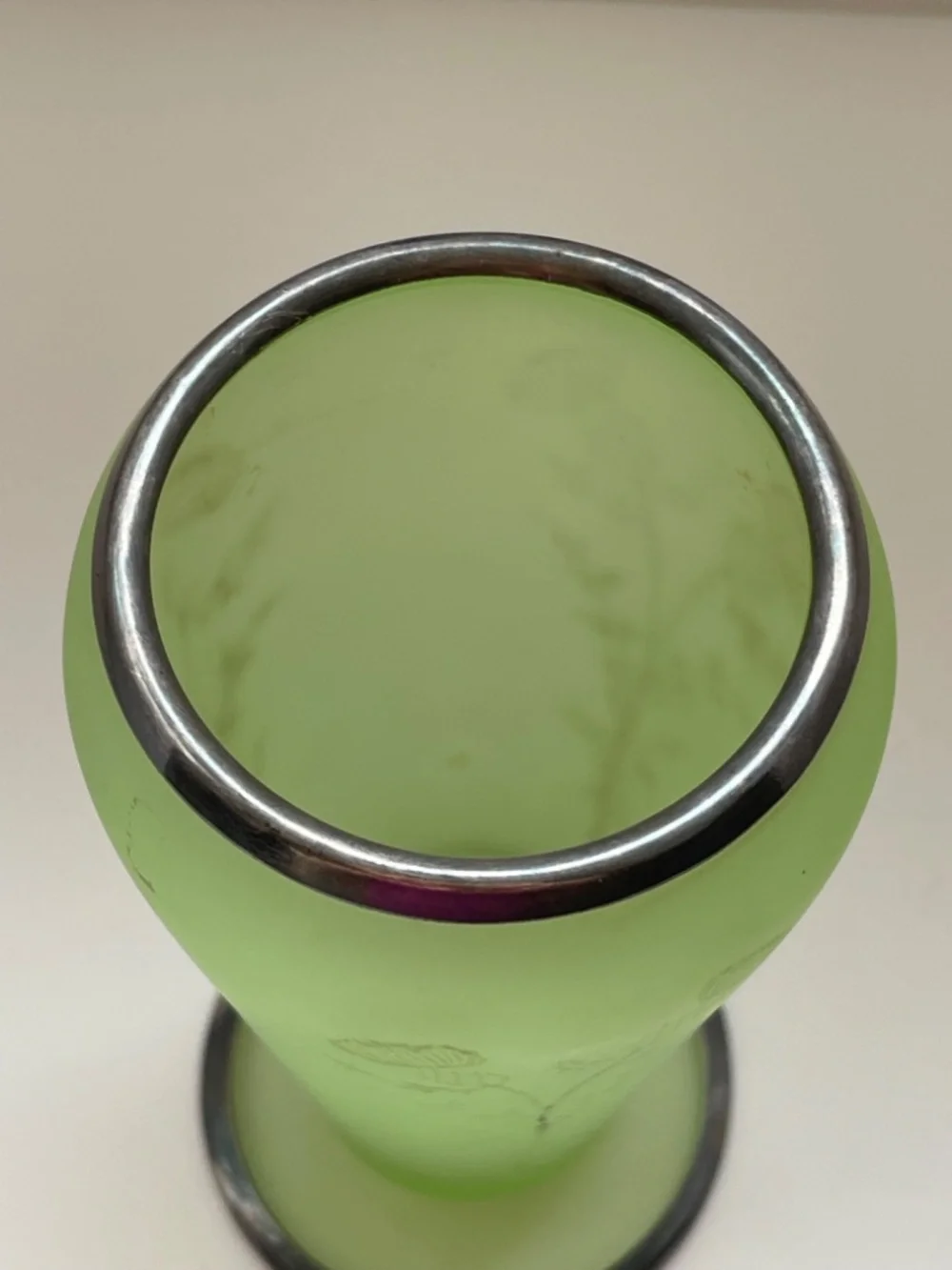 Vintage Uranium Glass Tiffin Satin Footed Vase Art Deco Silver Trim See Descript